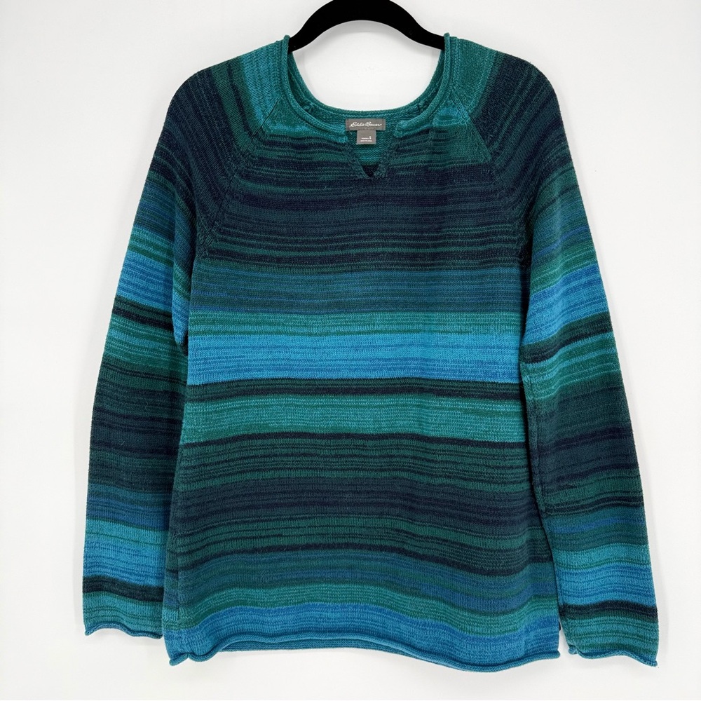 Eddie Bauer 100% Cotton Space Dye Teal and Blue Striped Sweater Women's Small